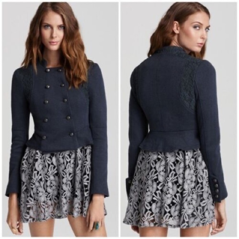 We The Free People Lace Knit Double Breasted Military Jacket in Blue 6